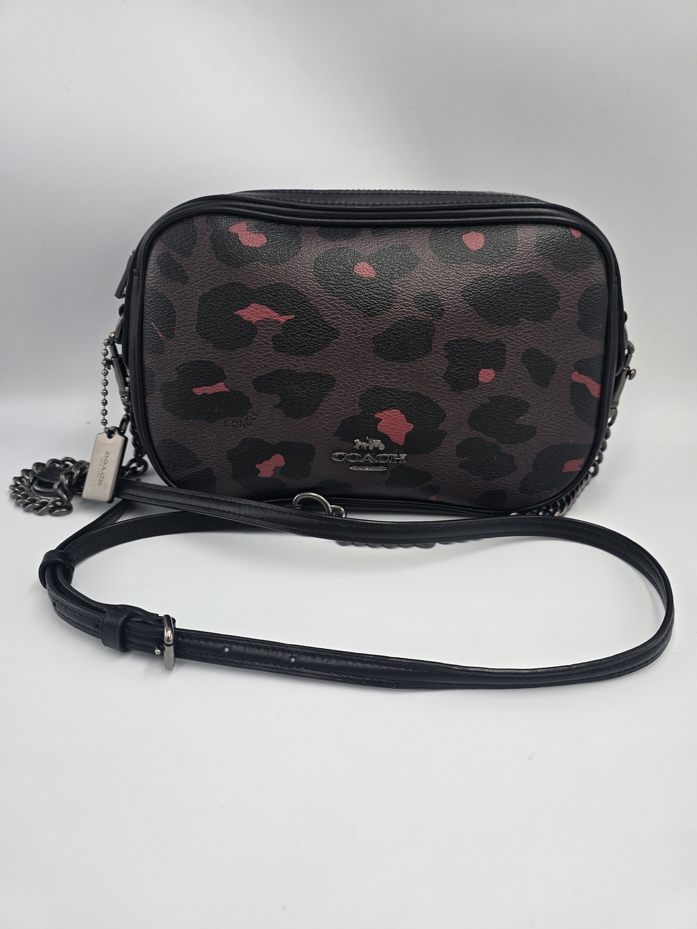 COACH F39587 Isla Oxblood Black Ocelot Print Crossbody Bag Purse Gunmetal Strap